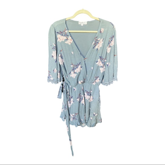 Cloud Chaser Pants - Cloud Chaser Gray Teal Floral V-neck Romper Crochet Detail with Tie Waist